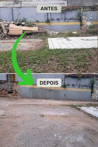 Comparação antes e depois da remoção de entulho de obra e limpeza de pátio cimentado em São Paulo. O lado esquerdo mostra acúmulo de escombros e o direito o espaço limpo.