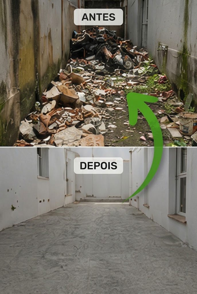 Comparação antes e depois da remoção de entulho de obra e limpeza de pátio cimentado em São Paulo. O lado esquerdo mostra acúmulo de escombros e o direito o espaço limpo.