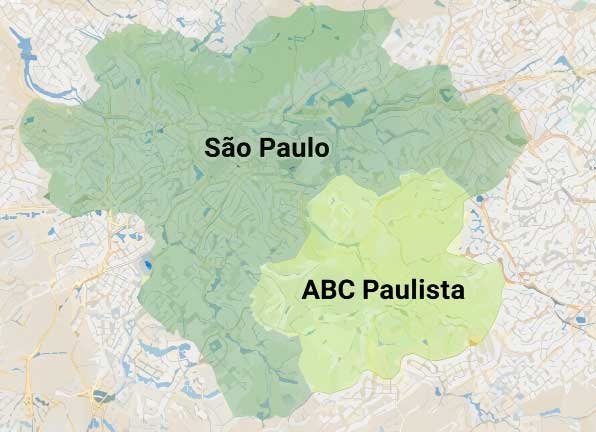 Um mapa geográfico detalhado mostrando a área de cobertura de atendimento da empresa Alencar Promoções, destacando a região central e leste de São Paulo e todo o ABC Paulista em verde e amarelo claro.