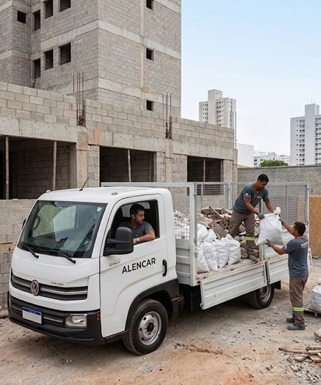 Dois trabalhadores da Alencar Remoções carregando sacos brancos de entulho na caçamba aberta de um caminhão VUC em canteiro de obras em São Paulo.