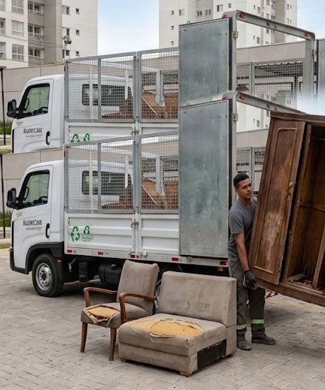 Trabalhadores efetuando o descarte e remoção de móveis velhos e poltronas usadas ao lado do caminhão VUC da Alencar Remoções.