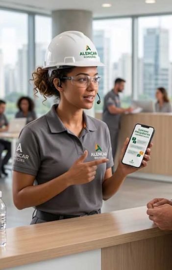 Atendente da Alencar Remoções, usando capacete de segurança, explicando para um cliente como agendar a coleta de entulho de obra em São Paulo e no ABC Paulista, mostrando dúvidas frequentes no celular.